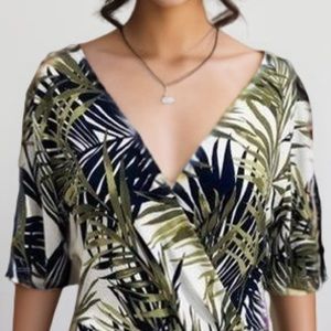 v-neck vacation short sleeve faux wrap in palm print